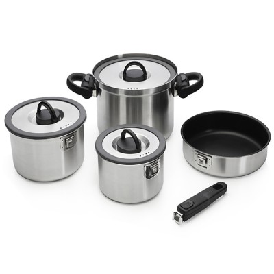 BODEUX 7pcs Cooking pots  3-layer stainless steel removeable handle cookware set with flat stainless steel lid